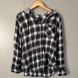 Mudd Black and White Plaid Hooded Button-Up Shirt